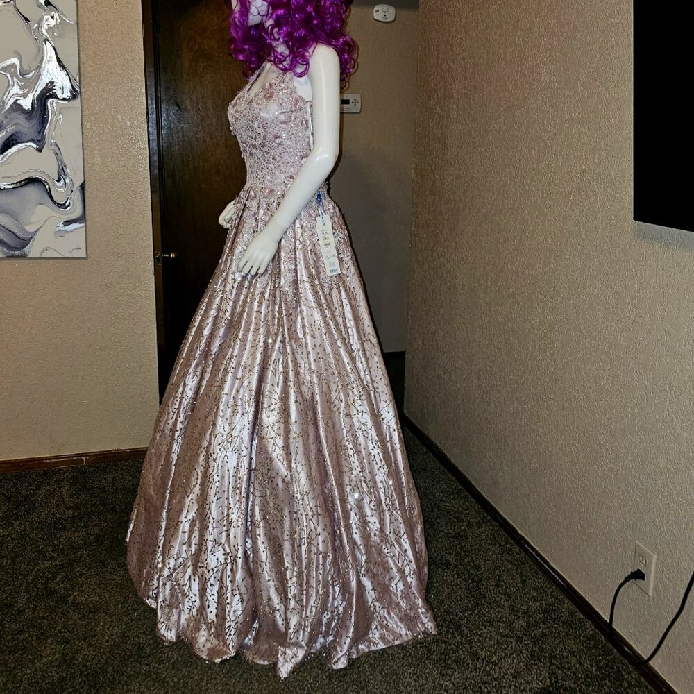 Layla dress masquerade ball gown v-neck Gold glitter 4 mauve LK-149 Embellished